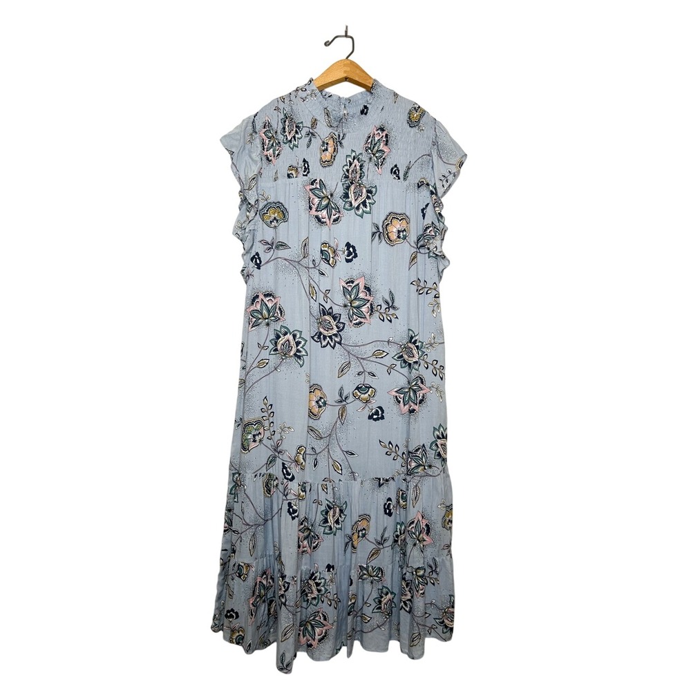 DR2 Daniel Rainn Floral Print Boho Mock Neck Flutter Sleeve Tiered Midi Dress L